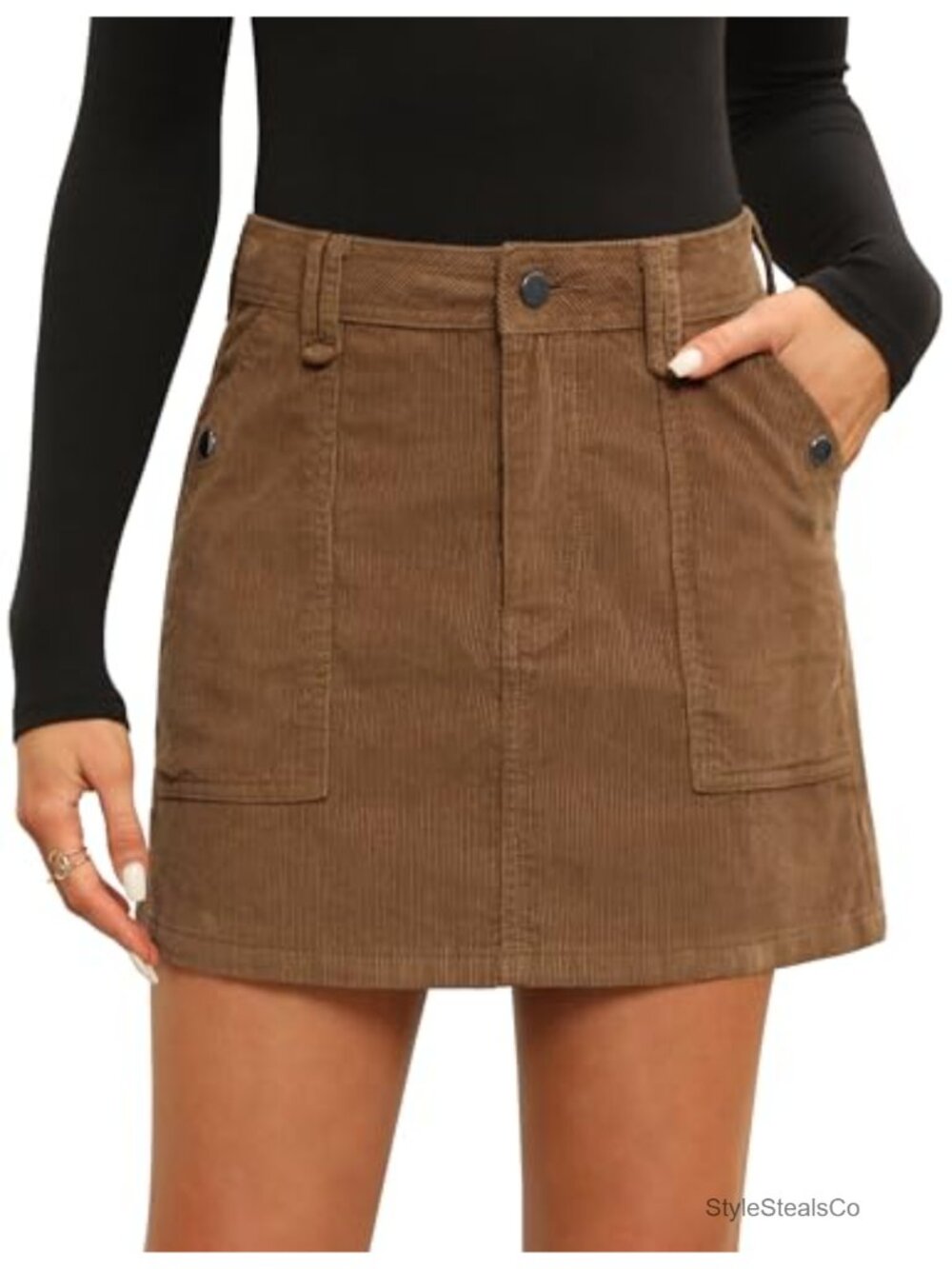 Corduroy Mini Skirt High Waist A-Line Cotton with Pockets